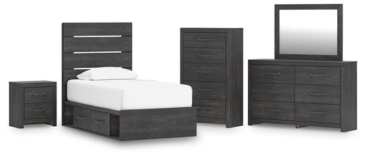 Hollivern Twin Panel Bed with Storage, Dresser, Mirror, Chest and Nightstand