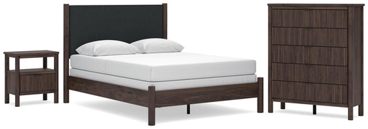 Pamytta Queen Upholstered Panel Bed, Dresser, Mirror and Nightstand