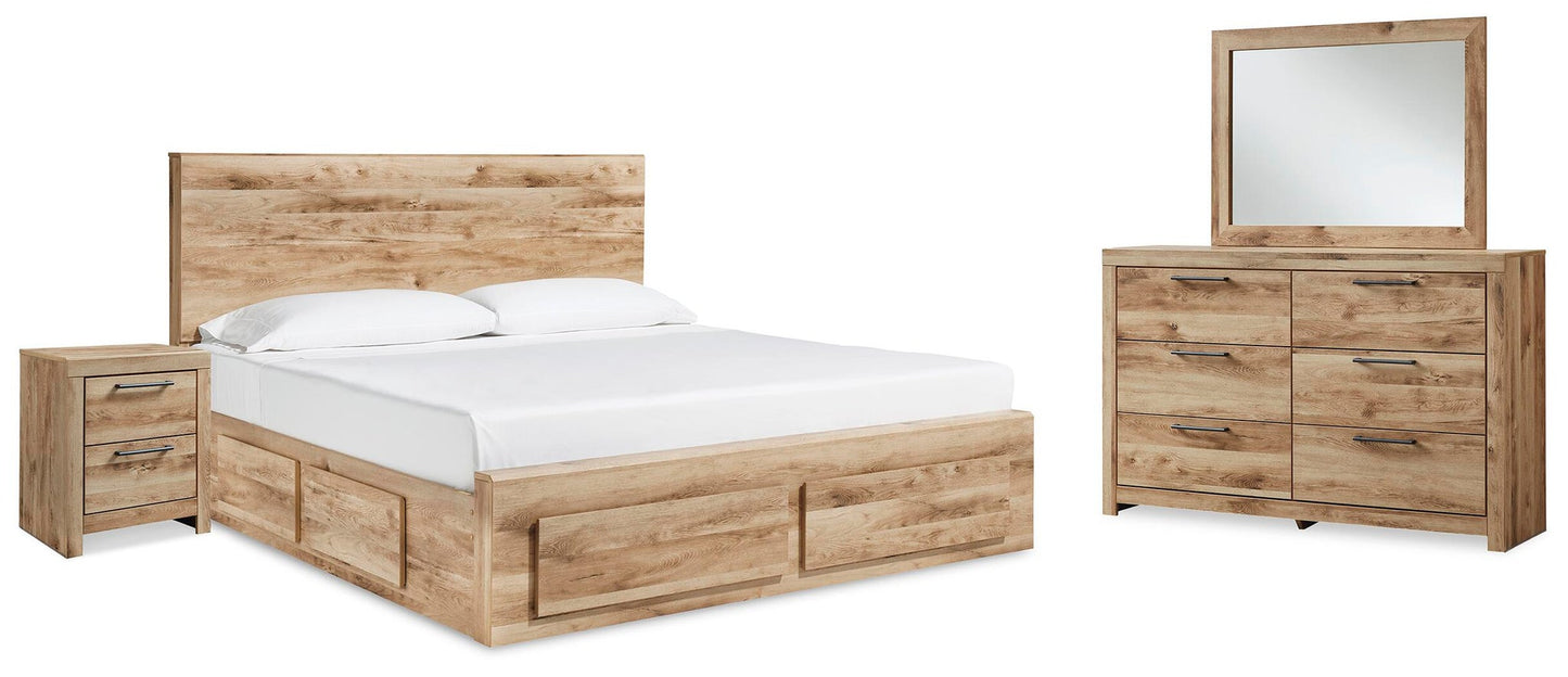 Hyanna King Panel Storage Bed with 1 Under Bed Storage Drawer, Dresser, Mirror and Nightstand