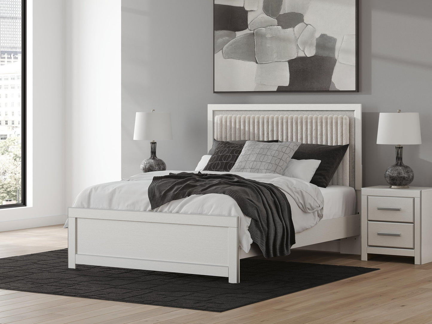 Zuraleus Queen Upholstered Panel Platform Bed, Dresser and Mirror