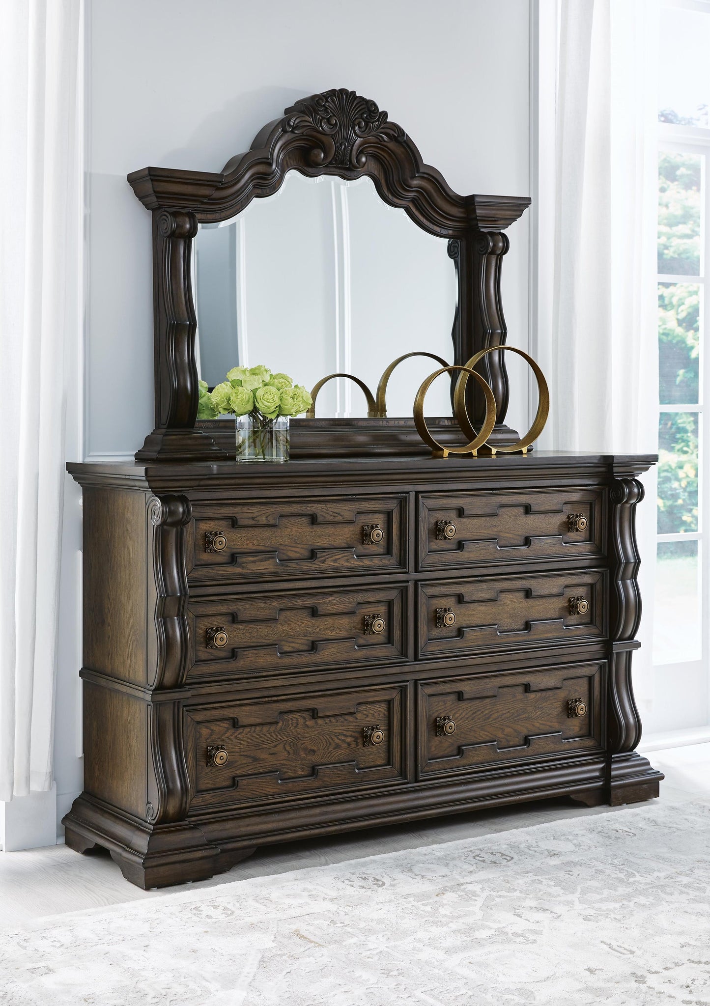 Maylee California King Canopy Bed, Dresser, Mirror, Chest and Nightstand