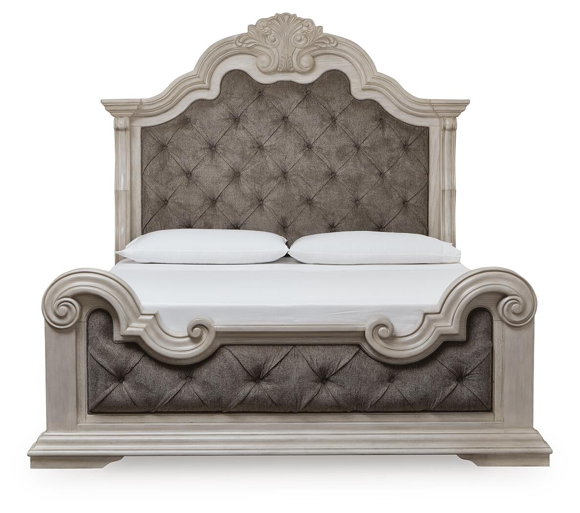 Bruchandi King Upholstered Panel Bed with Mirrored Dresser and Nightstand